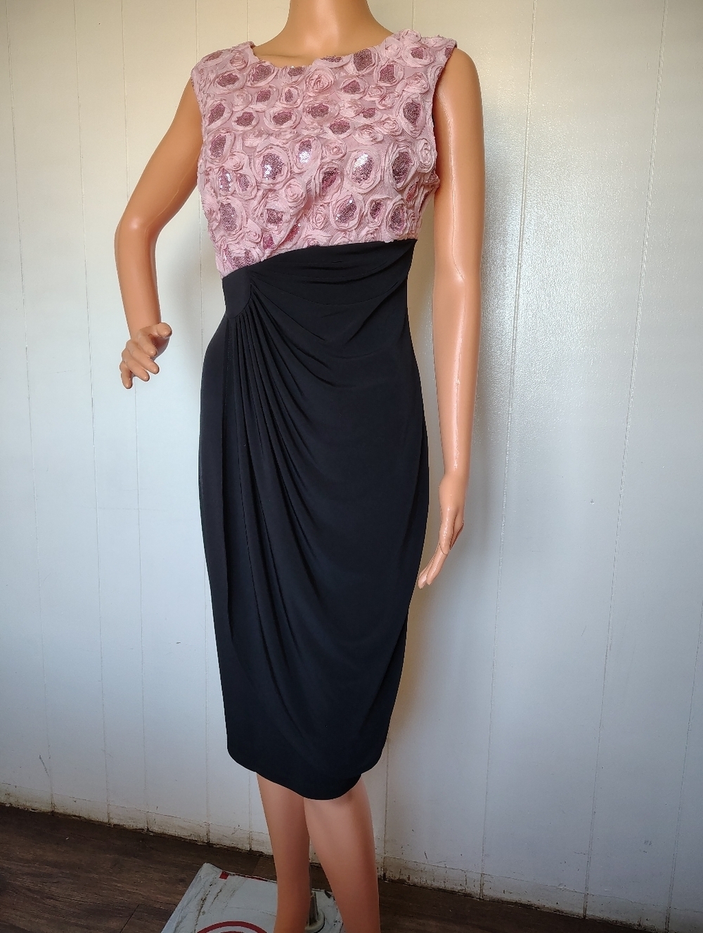 Enfocus Studio Pink Rosette Bodice Black Draped Cocktail Dress Size 12